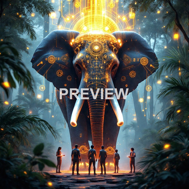An enormous, digitally-enhanced elephant with glowing, circuit-like patterns on its body stands in a misty forest, with a group of people observing it at a distance.